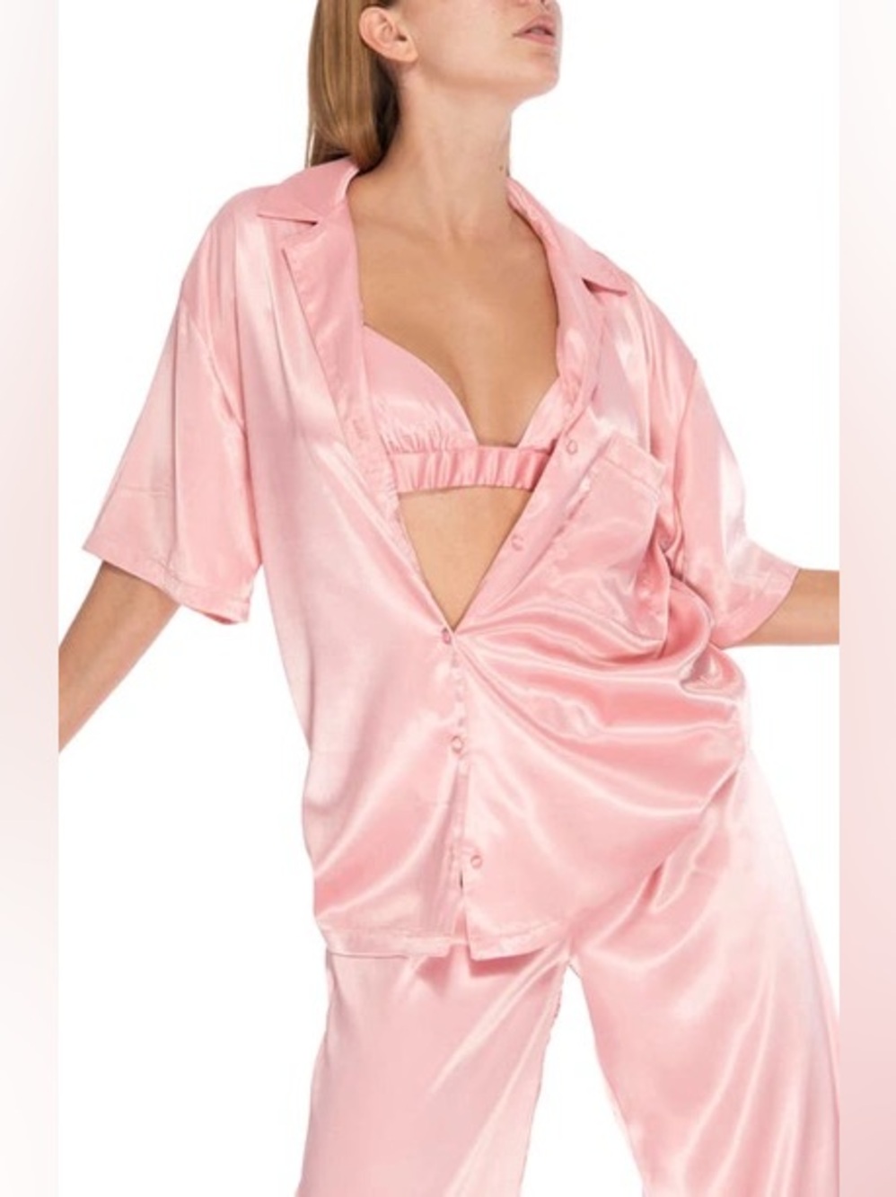 AFRM Pale Pink Satin Button-Down Shirt with Bralette